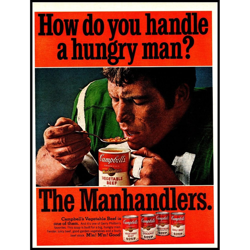 1970 Campbell's Soups Hungry Man Vintage Print Ad Football Player Wall Art 10x13